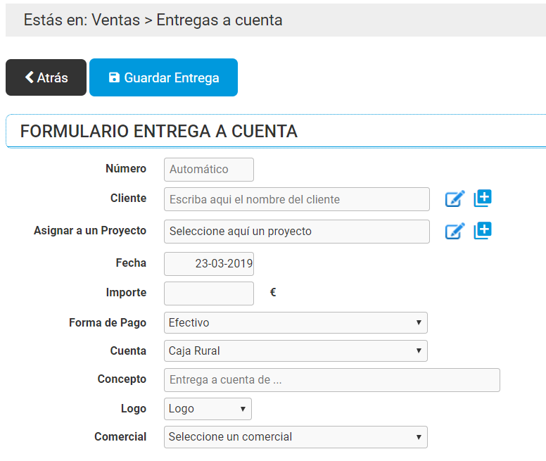 Formulario Nuevo Entrega a cuenta