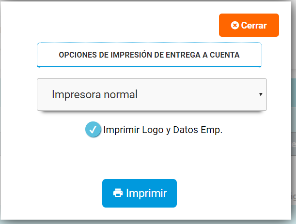Opciones impresión entregas a cuenta