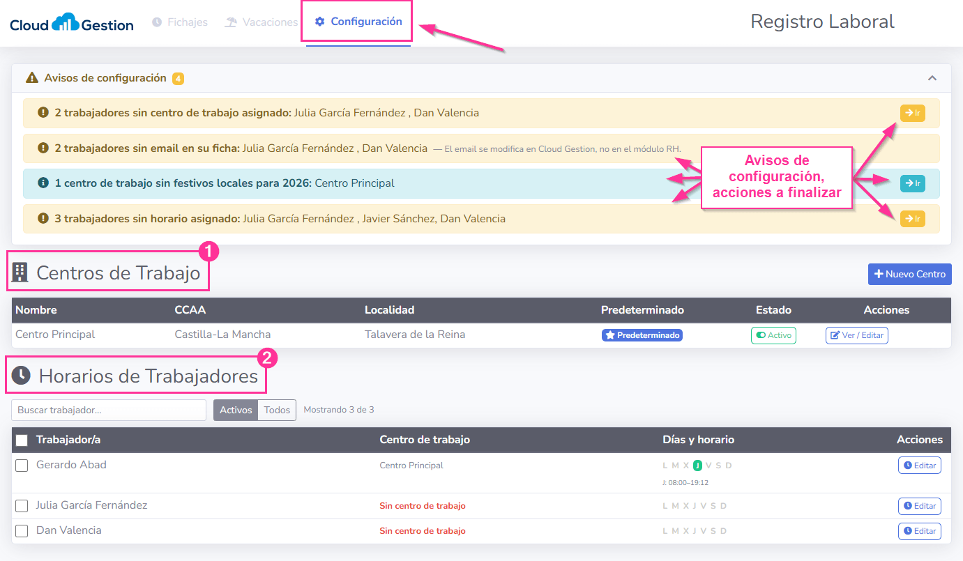 Configuración del módulo de Registro Horario