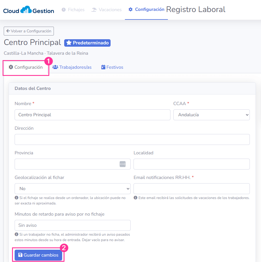 Configuración del módulo de Registro Horario