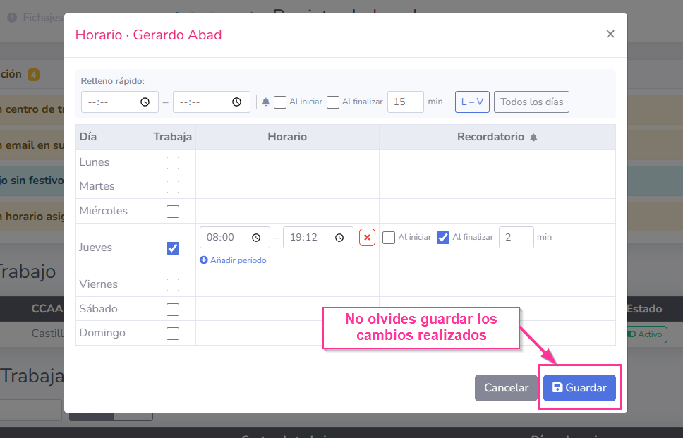 Configuración del módulo de Registro Horario
