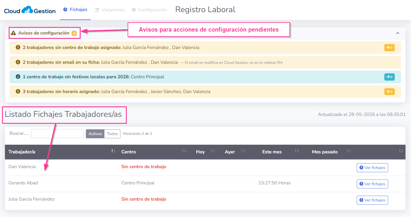 Fichajes de Trabajadores en módulo de Registro Horario