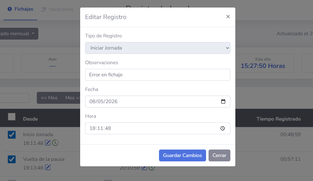 Fichajes de Trabajadores en módulo de Registro Horario