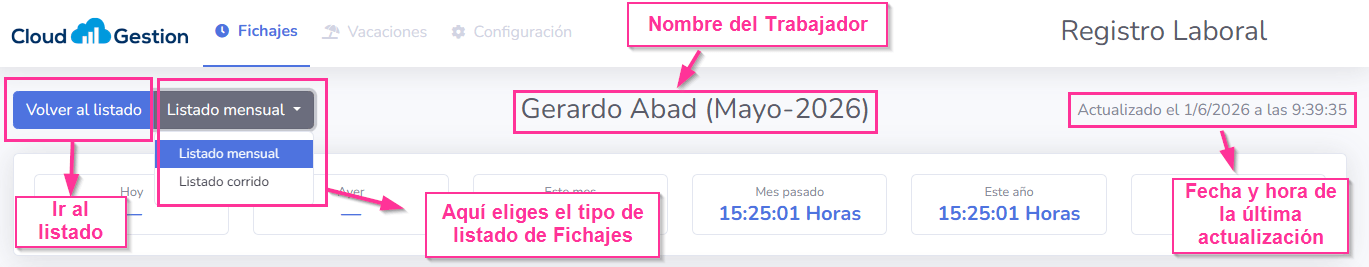 Fichajes de Trabajadores en módulo de Registro Horario
