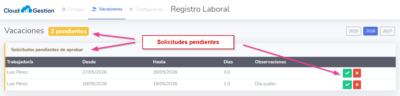Gestionar vacaciones de los trabajadores por parte de un administrador