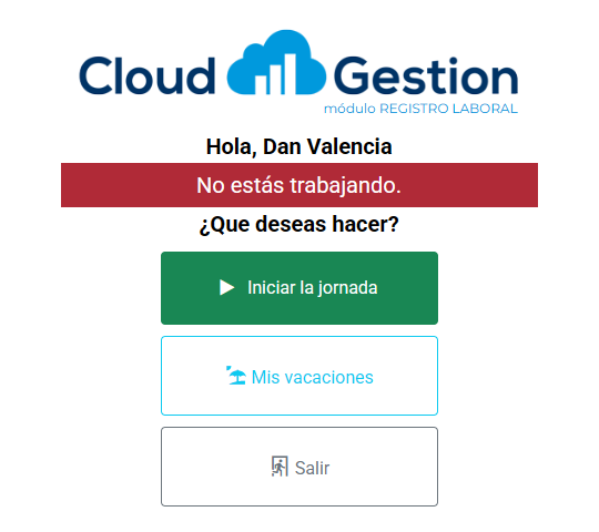 Pantalla de fichaje que ve el trabajador al entrar en el Registro Horario