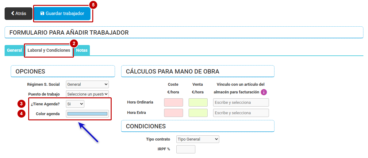Pestaña Laboral y Condiciones del formulario del trabajador con los campos de la Agenda, numerados del 2 al 5