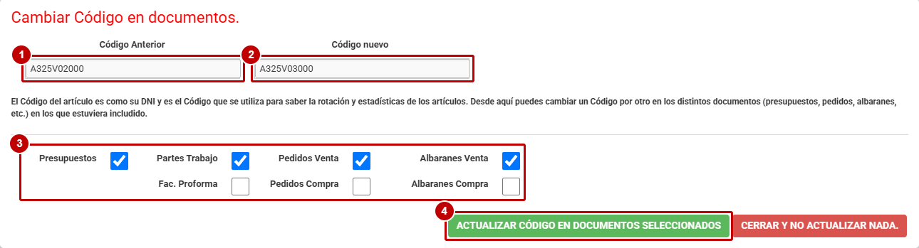 Ventana Cambiar Código en documentos con los dos códigos y los tipos de documento marcados