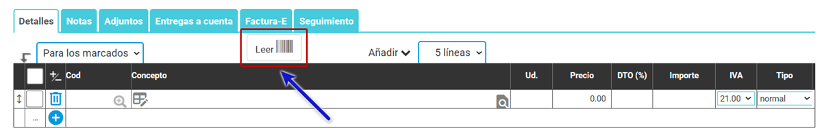 Botón Leer encima de las líneas de una factura