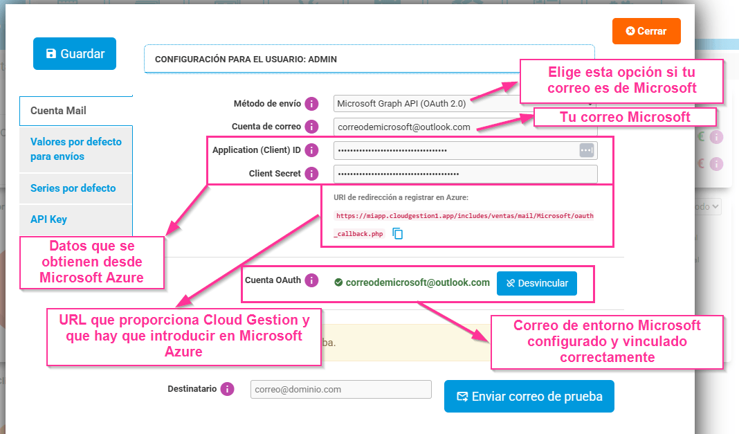 Configuración de correo en Cloud Gestion ERP con sistema Microsoft Graph API (OAuth 2.0)