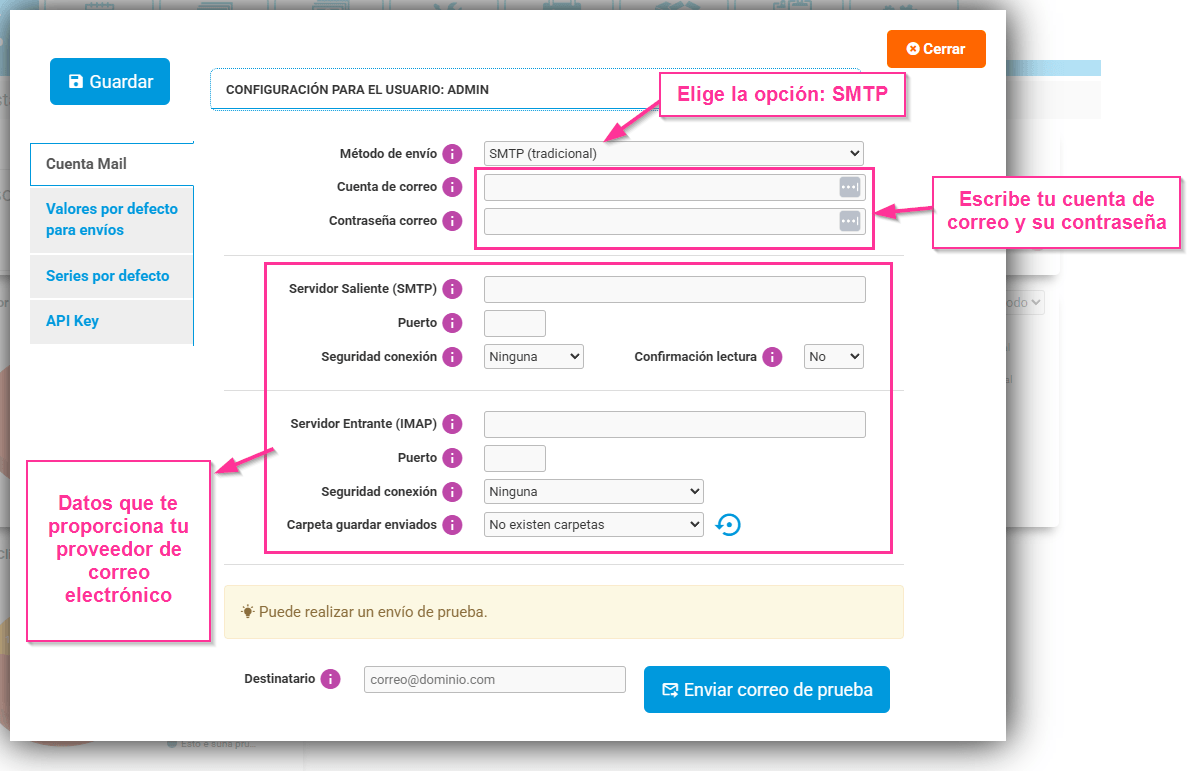 Configuración de correo en Cloud Gestion ERP con sistema SMTP
