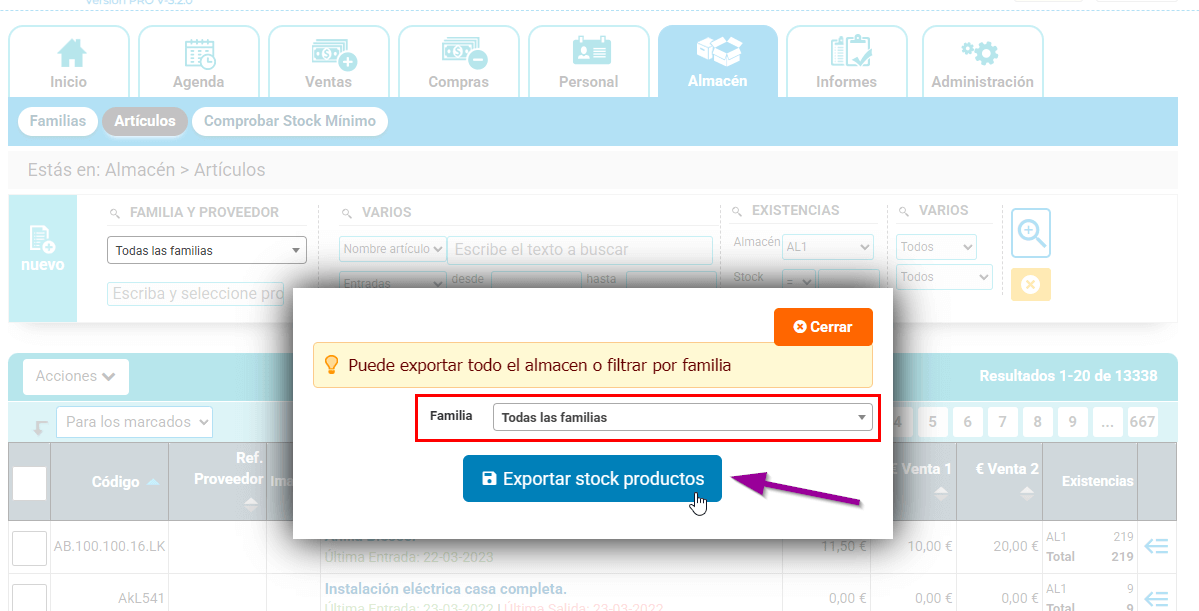 Como exportar/importar el stock del almacén