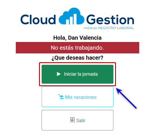 Pantalla de fichaje del trabajador con el botón Iniciar la jornada