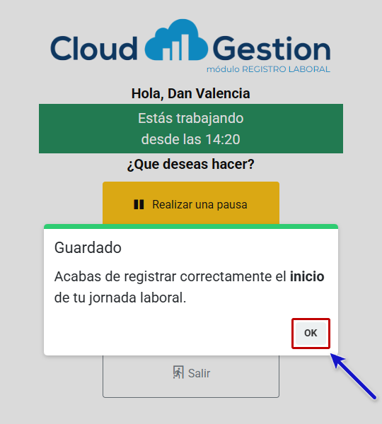 Mensaje Guardado tras registrar el inicio de la jornada
