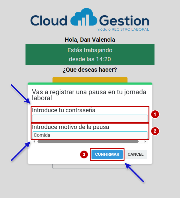 Ventana para registrar una pausa con la contraseña, el motivo de la pausa y el botón Confirmar