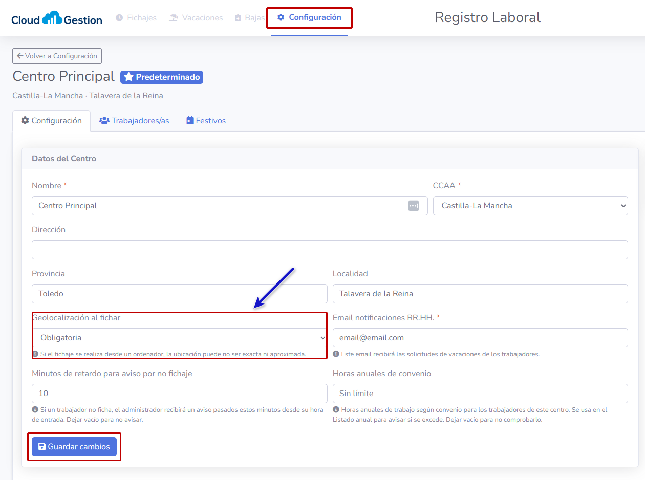 Campo Geolocalización al fichar en la configuración del Centro de Trabajo