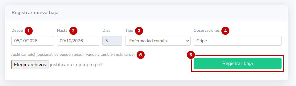 Bloque Registrar nueva baja con los campos Desde, Hasta, Tipo, Observaciones y Justificantes numerados