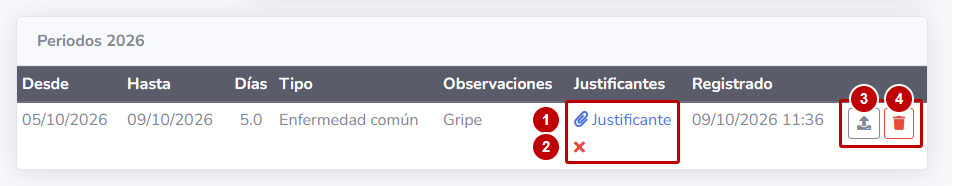 Tabla Periodos con una baja registrada y los botones para ver, quitar y añadir justificantes o borrar la baja