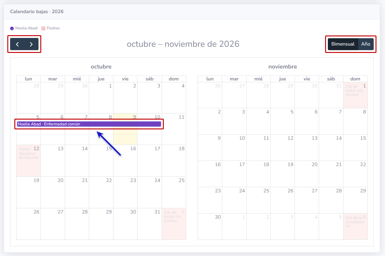 Calendario de bajas en vista bimensual con una baja de cinco días y los botones de navegación