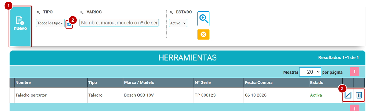 Listado de herramientas con los filtros, el botón nuevo y las opciones de la fila
