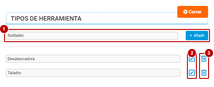 Ventana Tipos de herramienta con el campo para añadir un tipo y los iconos de editar y eliminar