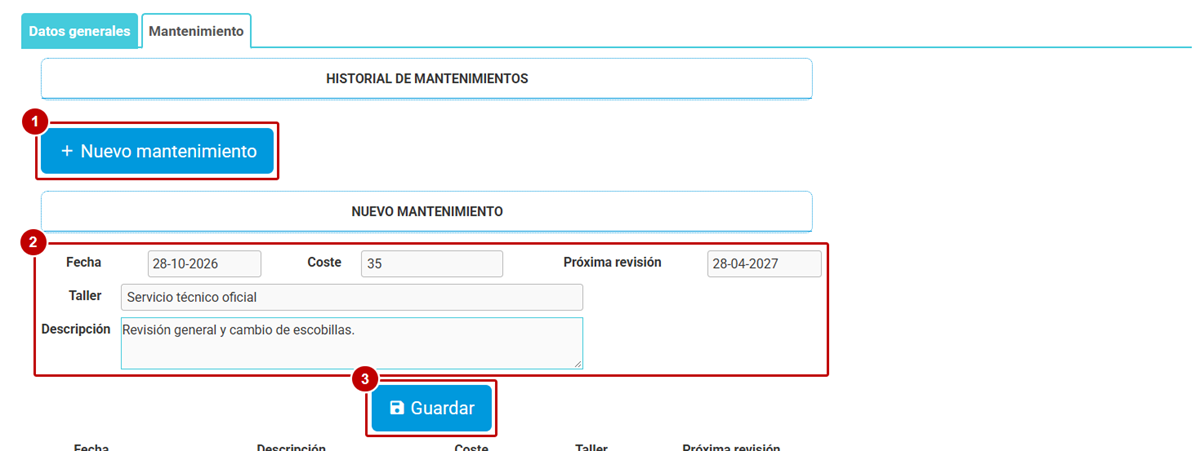 Pestaña Mantenimiento de la herramienta con el bloque Nuevo mantenimiento relleno