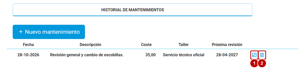 Historial de mantenimientos de la herramienta con un registro y sus iconos de editar y eliminar