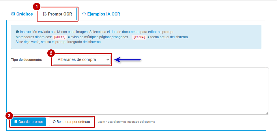 Apartado Prompt OCR con el tipo de documento y los botones Guardar prompt y Restaurar por defecto