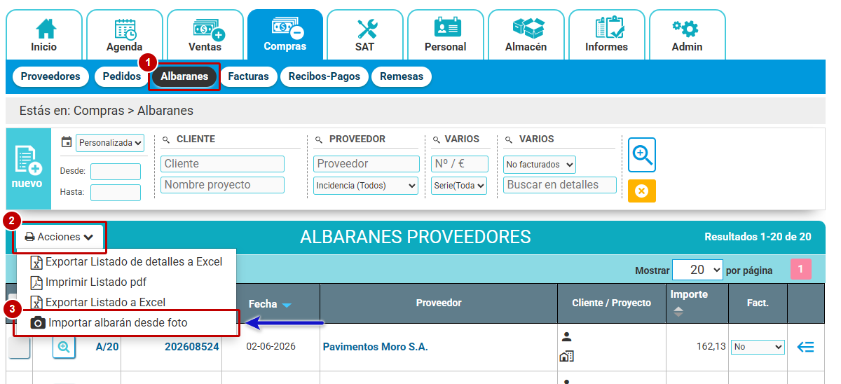 Menú Acciones del listado de albaranes de proveedores con la opción Importar albarán desde foto