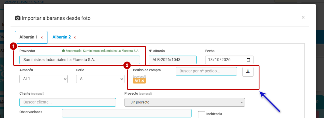 Revisión del albarán leído con el proveedor encontrado y el pedido de compra vinculado