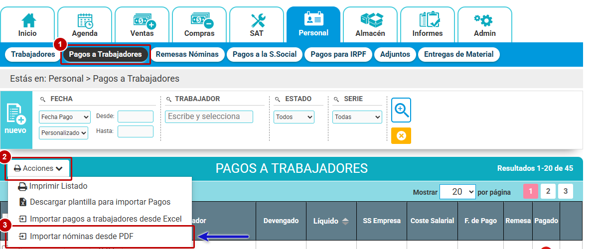 Menú Acciones del listado de pagos a trabajadores con la opción Importar nóminas desde PDF