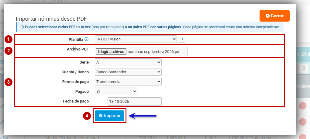 Ventana Importar nóminas desde PDF con la plantilla IA OCR Vision, el PDF elegido y los datos del pago