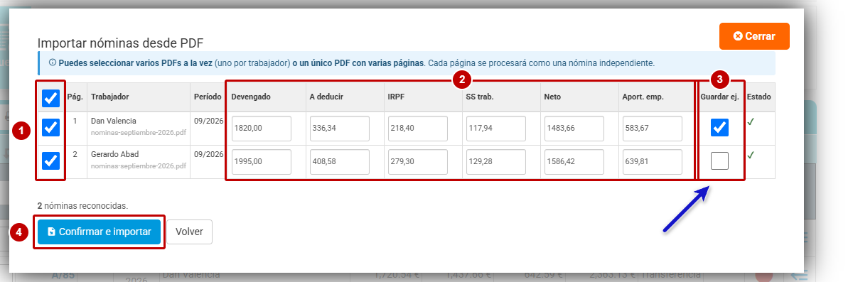 Tabla de revisión de las nóminas leídas con los importes, la casilla Guardar ej. y el botón Confirmar e importar