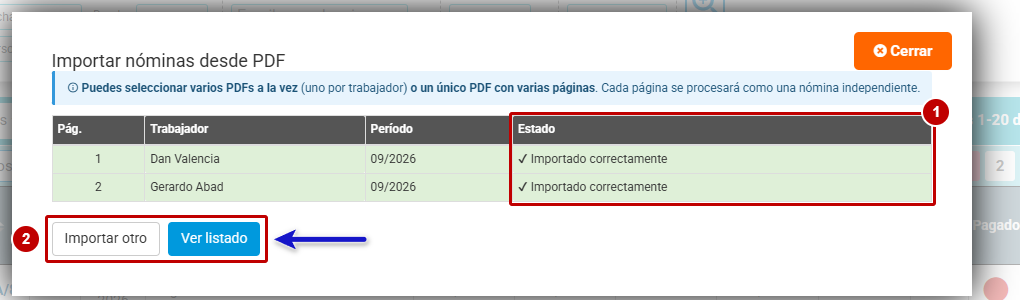 Resultado de la importación con el estado de cada página y los botones Importar otro y Ver listado
