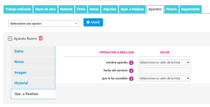 Seleccionar plantilla para aparato en parte de trabajo