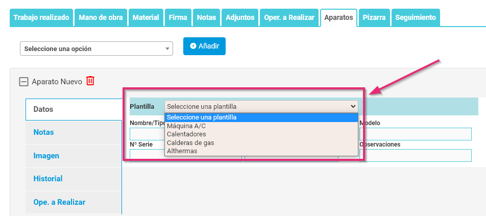 Seleccionar plantilla para aparato en parte de trabajo