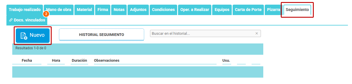 Pestaña Seguimiento del parte con el botón Nuevo y el historial